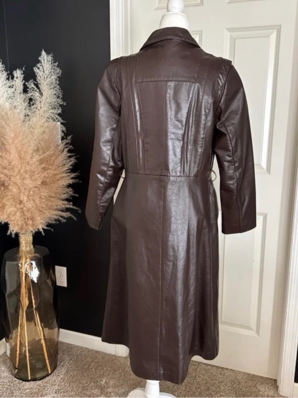 Vintage 70s Nappa Leather TIBOR Long Trench Coat Brown Leather Jacket - Picture 5 of 10